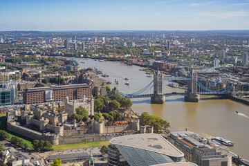 High angle view of the famous Tower Bridge and cityscape