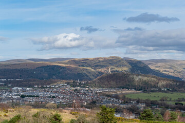 High angle view of the cityscape with The National Wallace Monument from Stirling Castle