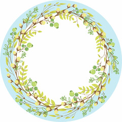 Wreath of willow branches and young leaves with a blue frame. Round design elements with leaves and branches.