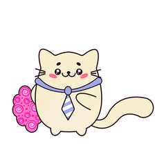 Vector illustration with a cute white cat with a bouquet of roses in the style of kawaii. A cat in a tie with flowers. A cat with a gift