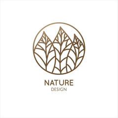 Tropical plant logo. Round emblem leafs in linear style. Icon of fresh green tea. Vector abstract badge for design of natural products, flower shop, cosmetics, ecology concepts, health, spa Center