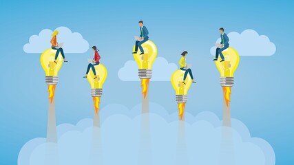 Brilliant ideas flying on light bulbs rockets. Vector illustration. EPS10. Dimension 16:9.