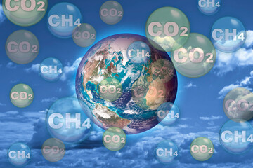 CO2 Carbon Dioxide and CH4 gas methane emissions, the two main causes of global warming - concept with image from NASA - obrazy, fototapety, plakaty