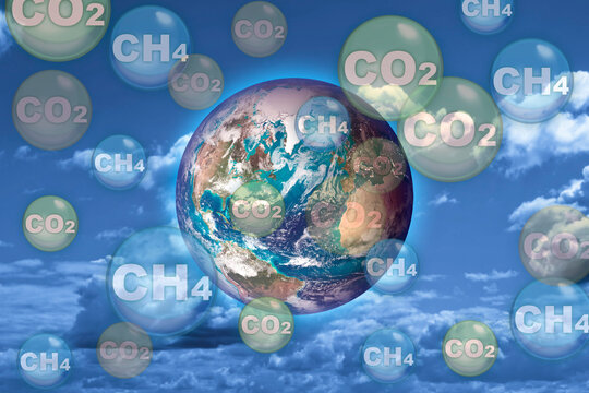 CO2 Carbon Dioxide and CH4 gas methane emissions, the two main causes of global warming - concept with image from NASA