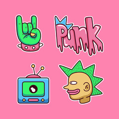 Sticker pack of funny cartoon characters. Vector illustration of metal hand, punk lettering, punk face and television.