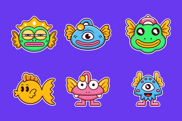 Sticker pack of funny cartoon character. Vector illustration of fish and monsters. Isolated on premium vector