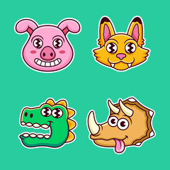 Sticker pack of funny animal face character. Vector illustration of pig, cat and dinosaurs face. Isolated on premium vector