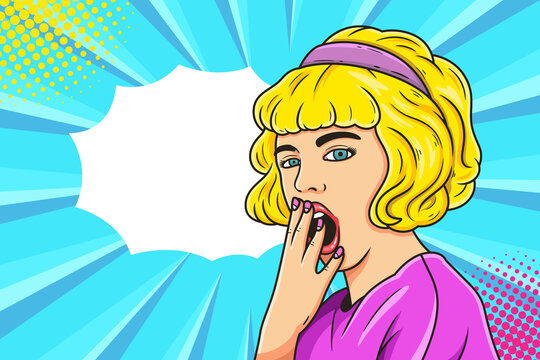 Sleepy young woman pop art. Advertising poster or announcement poster with open mouth and funny face in comic style