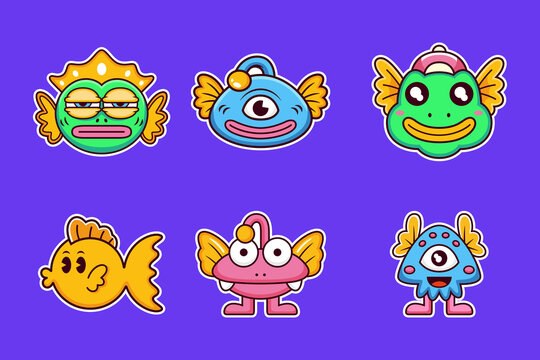 Sticker pack of funny cartoon character. Vector illustration of fish and monsters. Isolated on premium vector