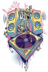Musical turntable and speakers with graffiti arrows, colorful funky music design