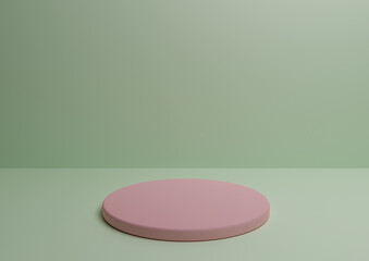 Pink podium for product  advertising and marketing. Minimal light green background 3D studio composition with geometric shapes and round stand
