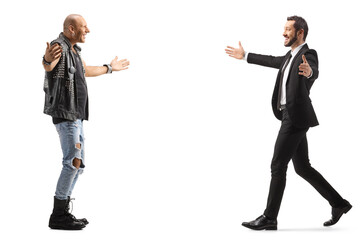 Full length profile shot of a businessman and a punk meeting with arms wide open