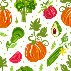 Juicy Vegetables Hand Drawn Design with Raw Seasonal Nutrition Vector Seamless Pattern Template