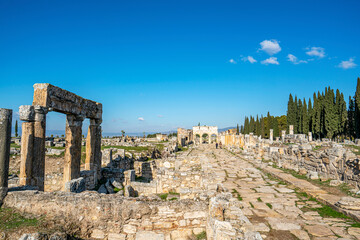 Scenic view of Hierapolis, was an ancient Greek city on hot springs in classical Phrygia,its ruins are adjacent to modern Pamukkale in Turkey and currently comprise an archaeological museum.