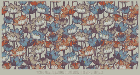 Seamless pattern illustration  blooming lotus art.