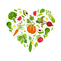 Juicy Vegetables Hand Drawn Heart Composition with Raw Seasonal Nutrition Vector Template