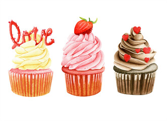 Collection of sweet cupcakes for Valentine Day party. Set of colorful watercolor illustrations of cakes decorated with strawberry, cream and sugar.