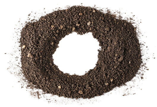 Pile of soil isolated on white, top view
