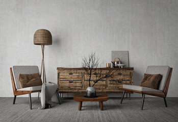 Wabi-sabi style interior mockup with chair,table,vase and floor lamp on grunge wall background.3d rendering