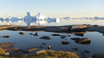 zielone skaliste wybrzeże oraz morze pokryte krą i górami lodowymi w sezonie letnim na grenlandii