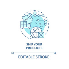 Ship your products turquoise concept icon. How to start export business abstract idea thin line illustration. Isolated outline drawing. Editable stroke. Arial, Myriad Pro-Bold fonts used