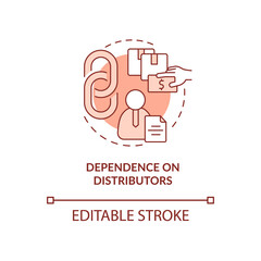 Dependence on distributors red concept icon. Export business struggles abstract idea thin line illustration. Isolated outline drawing. Editable stroke. Arial, Myriad Pro-Bold fonts used