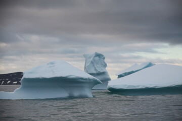 duże góry lodowe o różnych kształtach na morzu w pochmurny dzień - 482907905