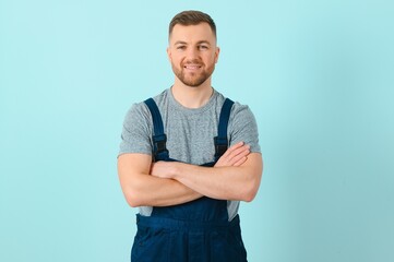 Close-up portrait of his he nice attractive cheerful cheery content guy repairer craftsman isolated...
