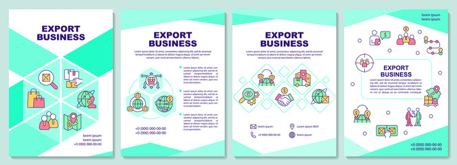 Naklejka na ściany i meble Export business brochure template. International sales. Leaflet design with linear icons. 4 vector layouts for presentation, annual reports. Arial-Black, Myriad Pro-Regular fonts used