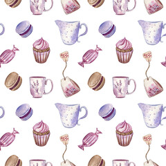 Sweet seamless pattern with macaroon cookies, cupcakes, milk, teacups, teabags, and candies. Elements are painted with watercolors, isolated on white. Fresh design in pastel colors, pink and lavender.