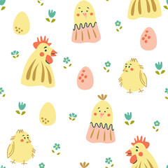 Seamless pattern with cute chicken family. For childish design. Vector illustration.