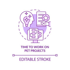 Time to work on pet projects purple concept icon. Promoting creativity abstract idea thin line illustration. Isolated outline drawing. Editable stroke. Arial, Myriad Pro-Bold fonts used