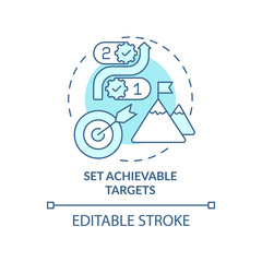Set achievable targets turquoise concept icon. Tracking professional progress abstract idea thin line illustration. Isolated outline drawing. Editable stroke. Arial, Myriad Pro-Bold fonts used