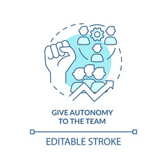 Give autonomy to team turquoise concept icon. Increasing empowerment abstract idea thin line illustration. Company culture. Isolated outline drawing. Editable stroke. Arial, Myriad Pro-Bold fonts used