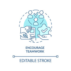 Encourage teamwork turquoise concept icon. Team-building events abstract idea thin line illustration. Staff meeting. Isolated outline drawing. Editable stroke. Arial, Myriad Pro-Bold fonts used