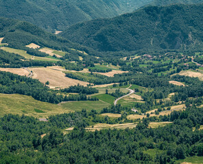 Fototapeta na wymiar Typical landscape of the Northerner Apennines, Parmesan - Parmigiano Reggiano - Production area, Reggio Emilia province, Emilia Romagna, Italy.