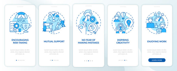 Employee wellness importance blue onboarding mobile app screen. Walkthrough 5 steps graphic instructions pages with linear concepts. UI, UX, GUI template. Myriad Pro-Bold, Regular fonts used