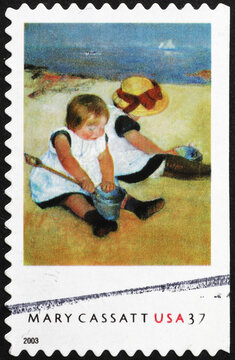 Girls painted by Mary Cassatt on american postage stamp