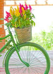 flower arrangement detail in green bicycle front basket
