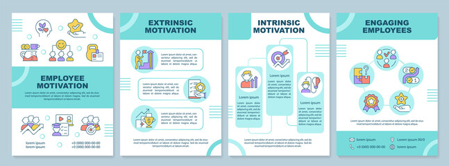 Employee motivation types mint brochure template. Engaging workers. Leaflet design with linear icons. 4 vector layouts for presentation, annual reports. Arial-Black, Myriad Pro-Regular fonts used