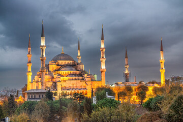 The Blue Mosque at night in Istanbul.