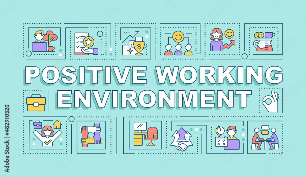 Poster positive working environment word concepts mint banner. boosting performance. infographics with icon