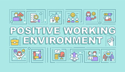 Fototapeta na wymiar Positive working environment word concepts mint banner. Boosting performance. Infographics with icons on color background. Isolated typography. Vector illustration with text. Arial-Black font used