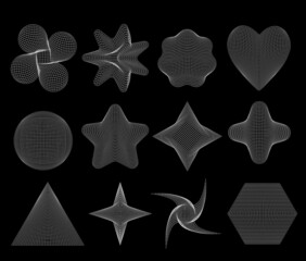 3d wireframe geometric shapes set in different shapes on a black background. Geometry shape from the white lines. Polygonal shapes. vector illustration.