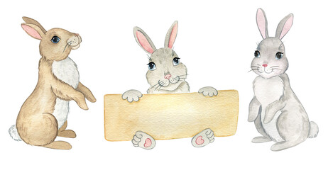 Watercolor hand drawn illustration with cute  bunnies
