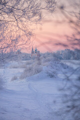 Landscape winter frosty morning with hoarfrost on trees and bushes with beautiful branches and a church temple on the horizon