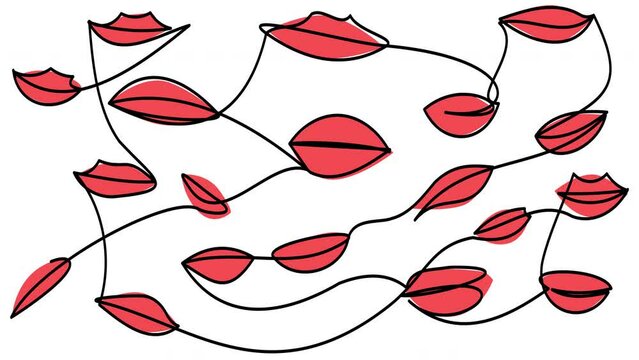 Self-drawing of many lips in one line on a white screen. Animation pattern of air kisses.