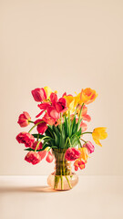 Big flowers bouquet of multicolored tulips in vintage glass vase on beige color background with copy space. Business card. Invitation postcard. Place for greeting text. International holiday. Banner.