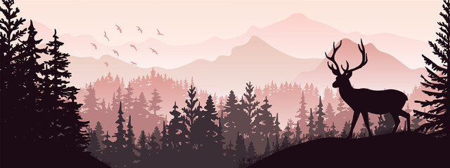 Horizontal banner. Silhouette of deer standing on grass hill. Mountains and forest in the background. Magical misty landscape, trees, animal. Pink and violet illustration, bookmark. 