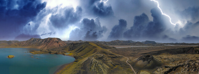 Storm approaching Landmannalaugar mountains in summer season, Iceland.